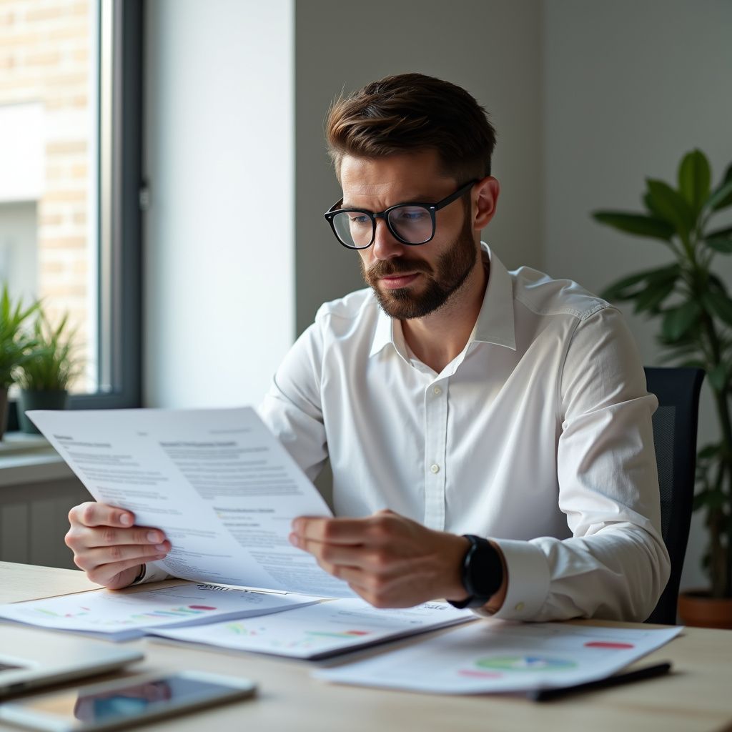 Man in white shirt and glasses reading documents at a desk, papers and phone visible.