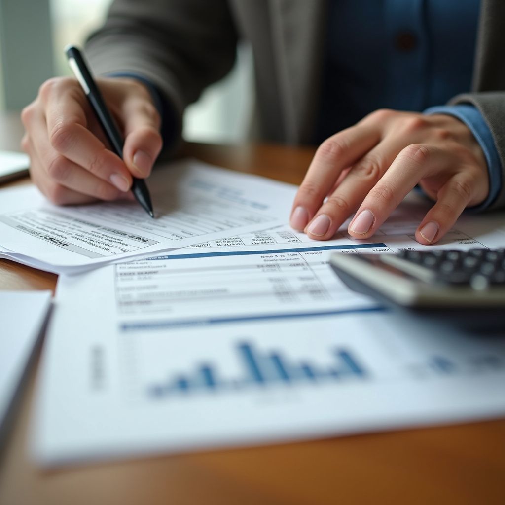 Person writing on paperwork at a desk, with a calculator and bar graph in view.