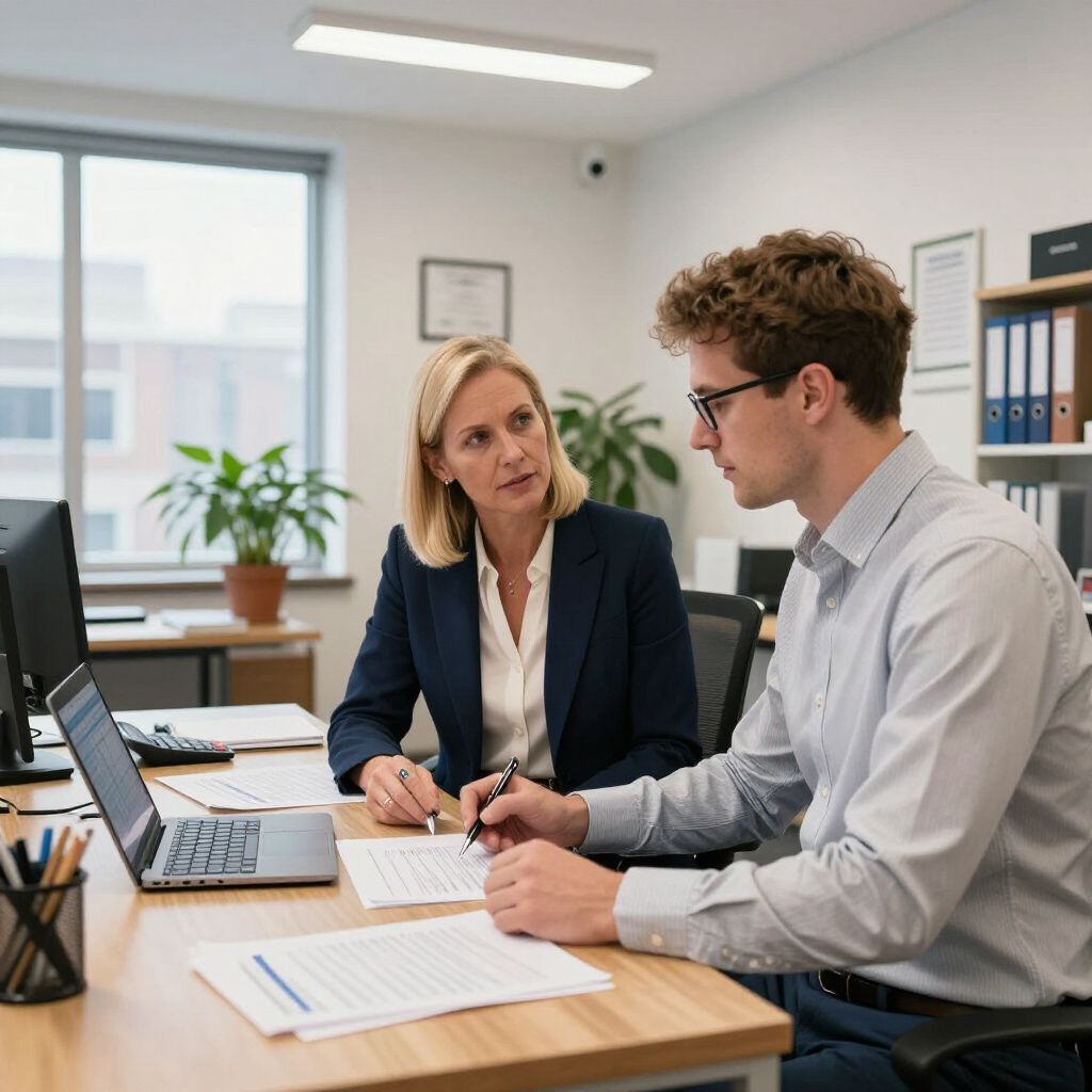 Two people in an office looking at documents. A woman in a navy suit speaks with a man wearing glasses, holding a pen.