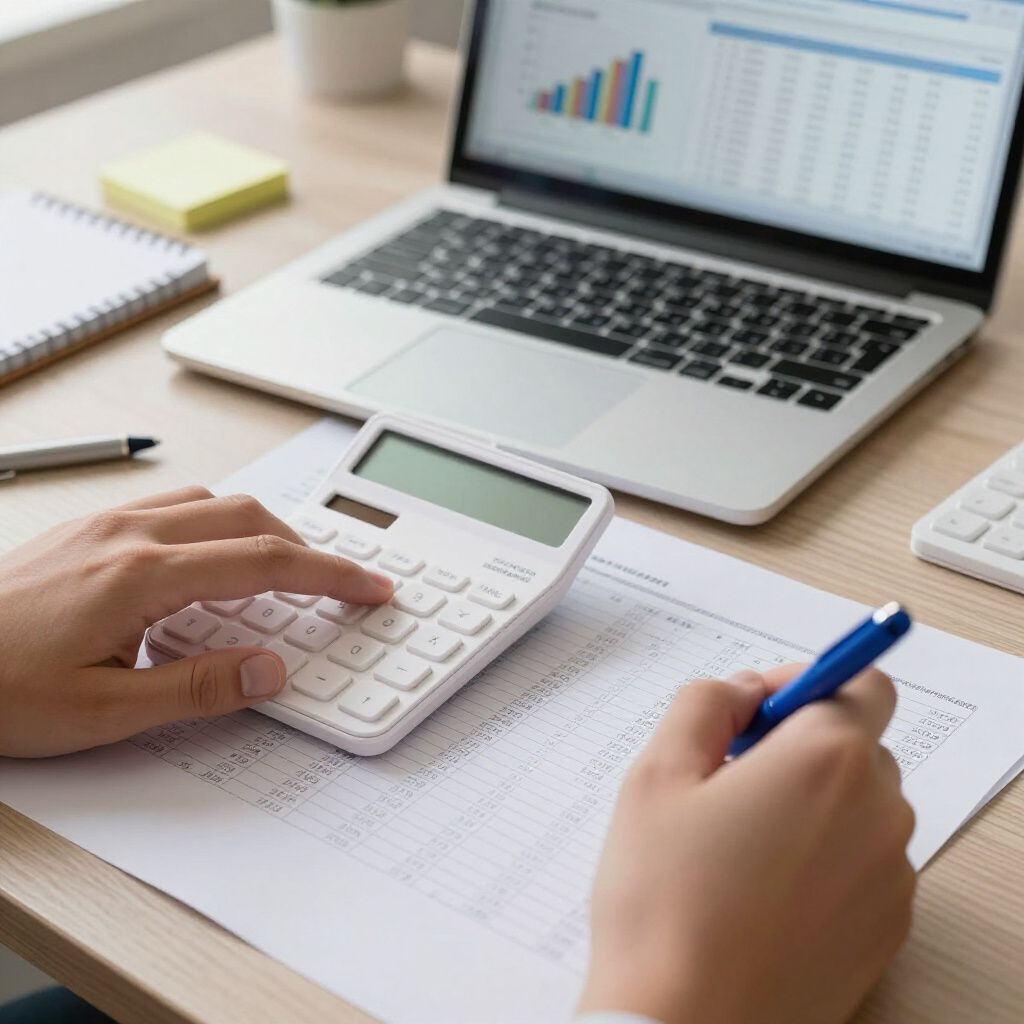 Person using a calculator and pen, working on a document, laptop displaying a spreadsheet open on desk.