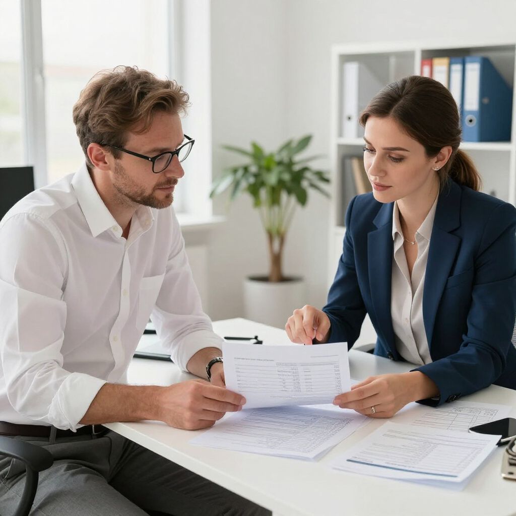 Man and woman reviewing documents at a desk in a well-lit office.