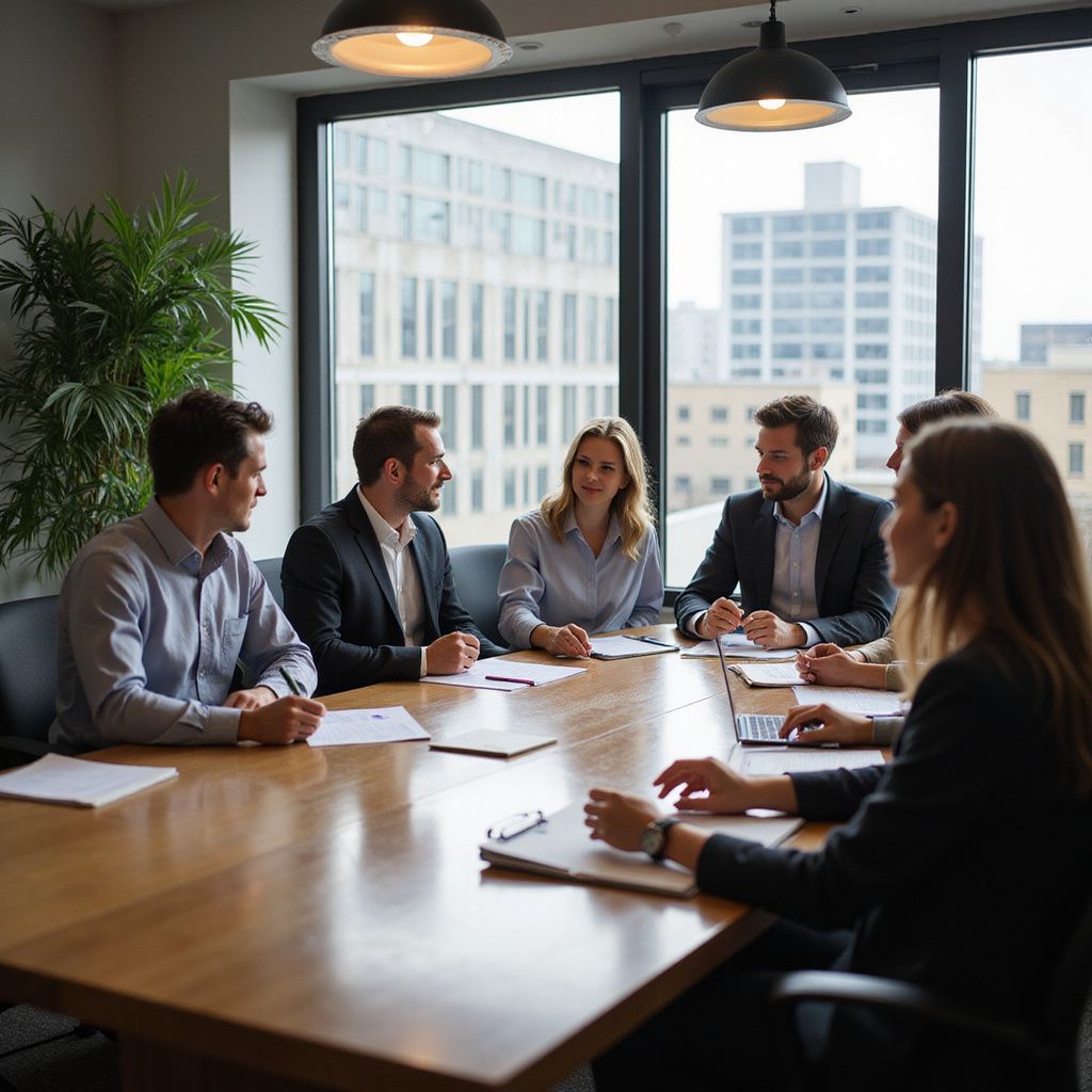 Business team in suits meeting around a wooden table in a well-lit office.