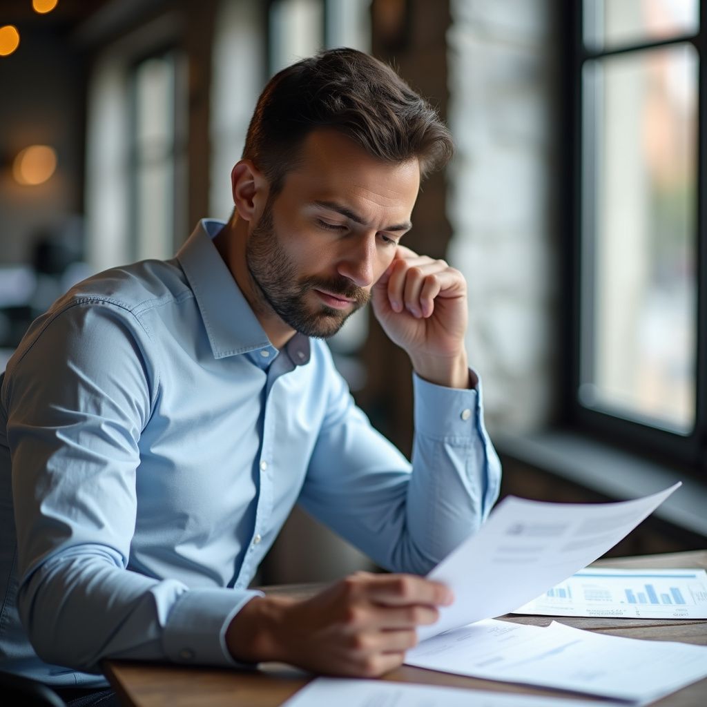 Man in blue shirt, reading documents, hand on his forehead, looking concerned in an office.