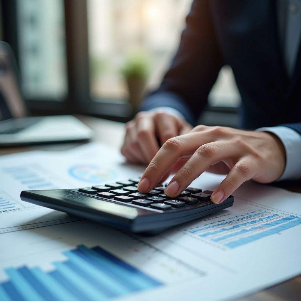 Person in a suit calculating on a calculator over financial graphs.