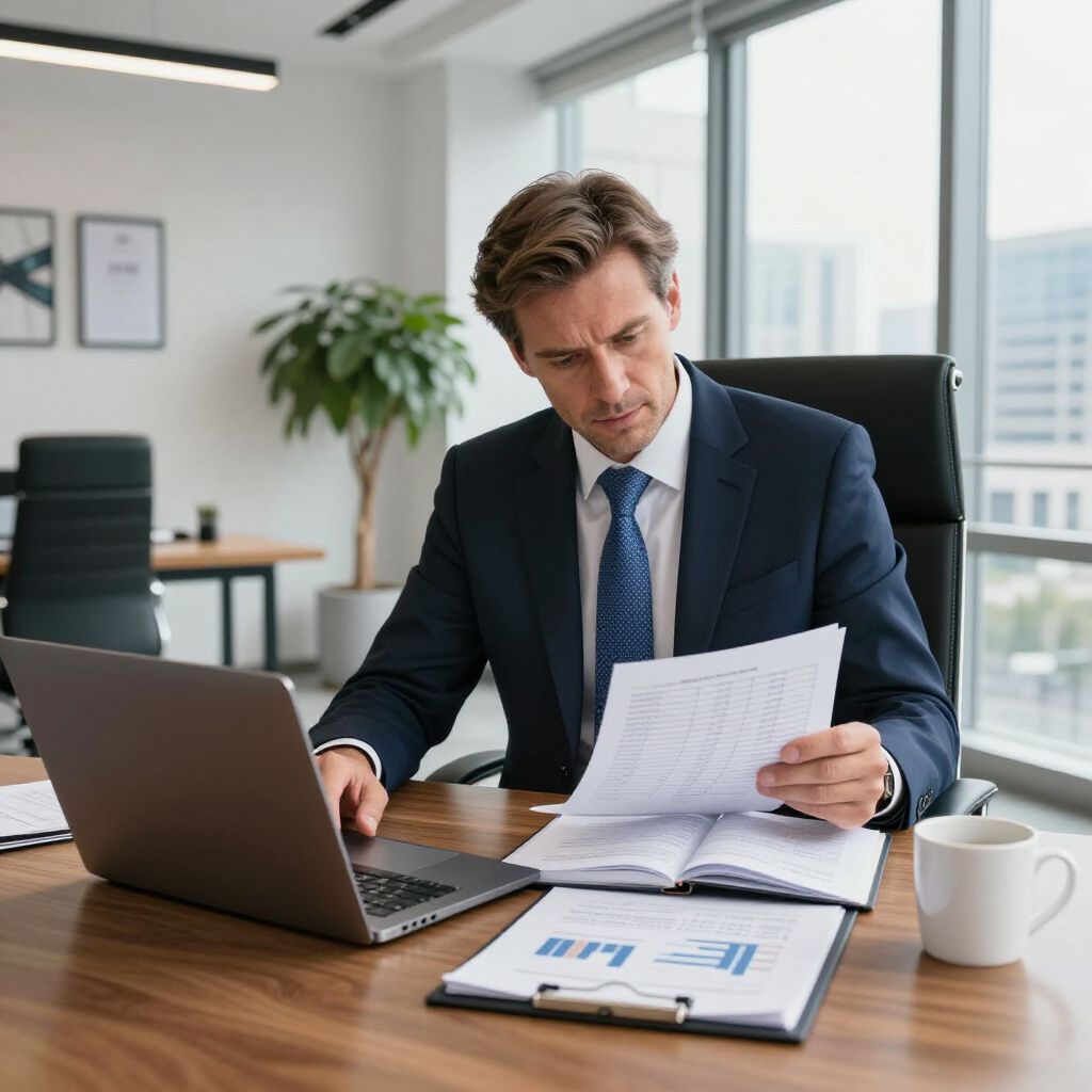 Man in suit reviewing documents at a desk with a laptop and coffee mug in an office.