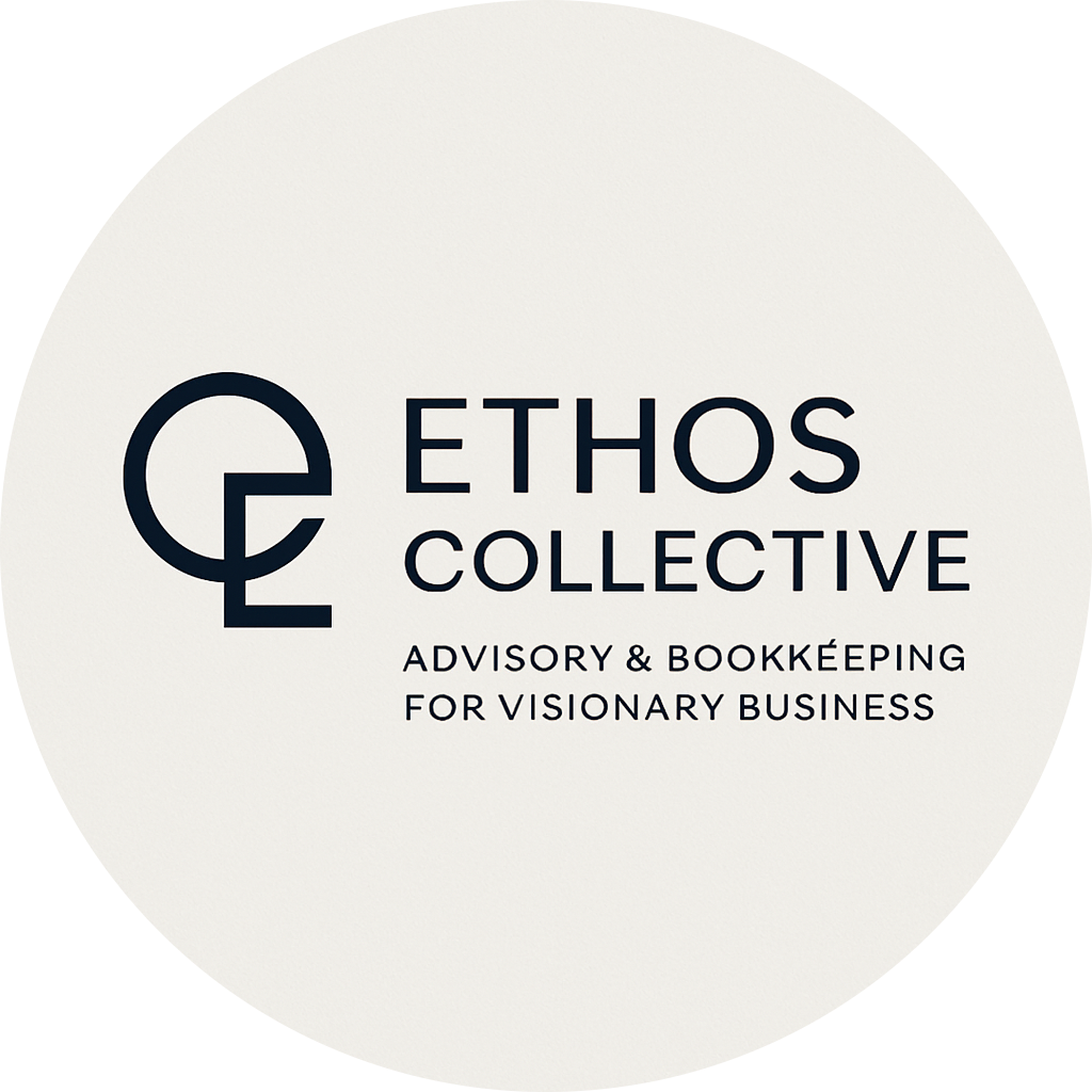 Logo for Ethos Collective: black and white circle with text and stylized initials.