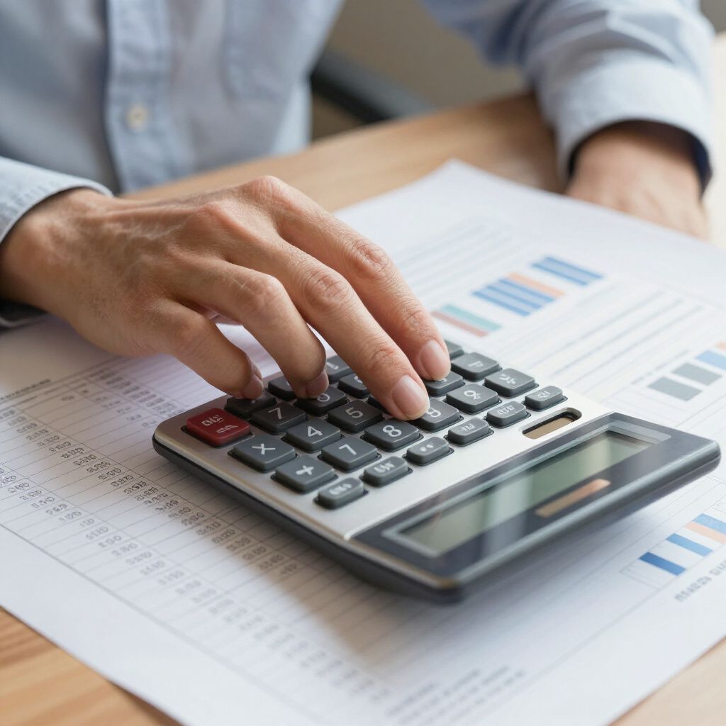 Person using a calculator while reviewing financial documents at a desk.
