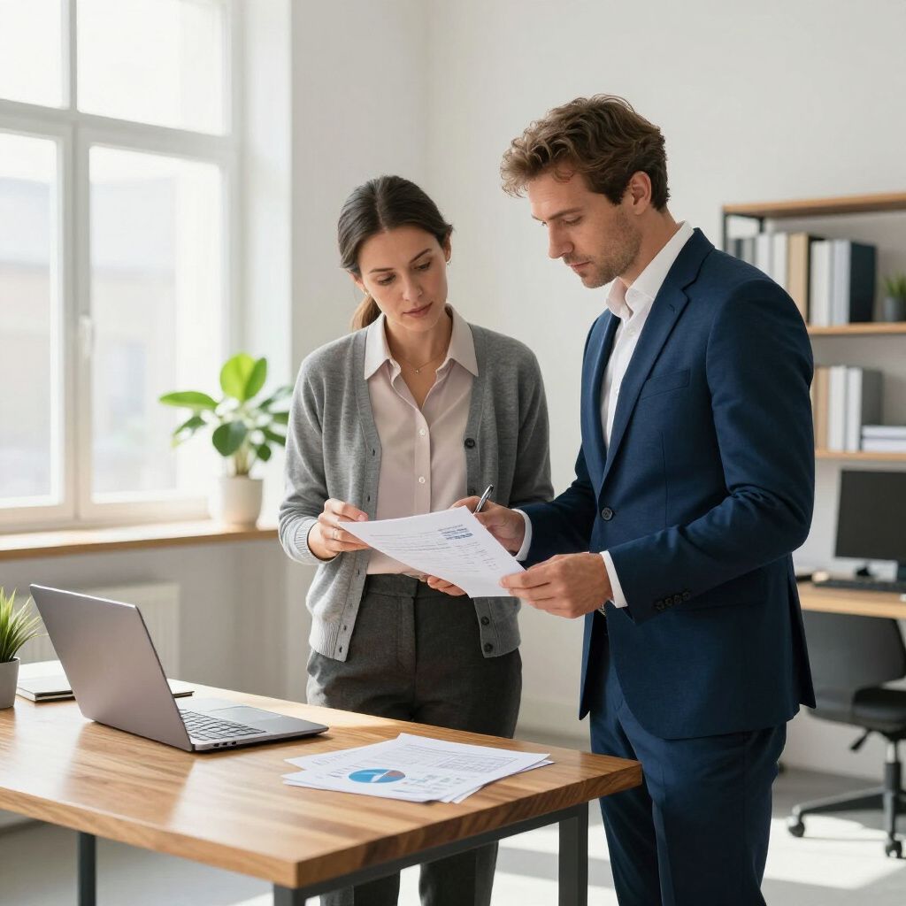 Woman and man reviewing documents at a desk in an office setting.