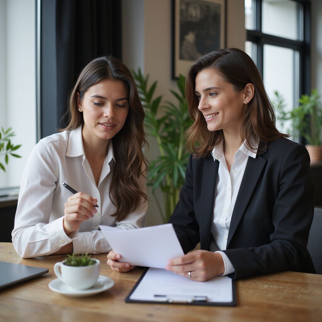 Two women at a table reviewing documents; one in a blazer, the other in a button-down shirt, both smiling.