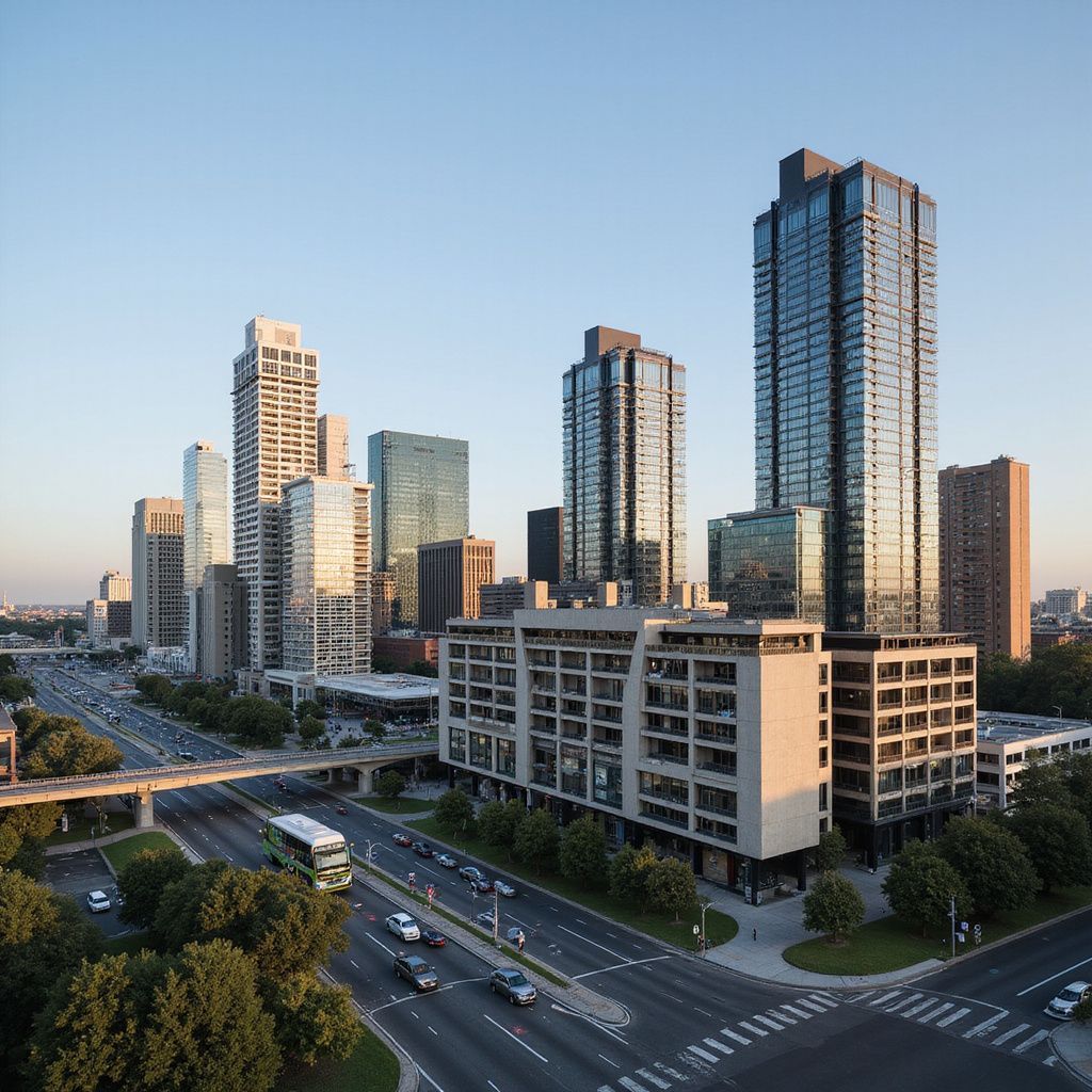 Cityscape with tall glass skyscrapers, a busy road with traffic, and a green bus.