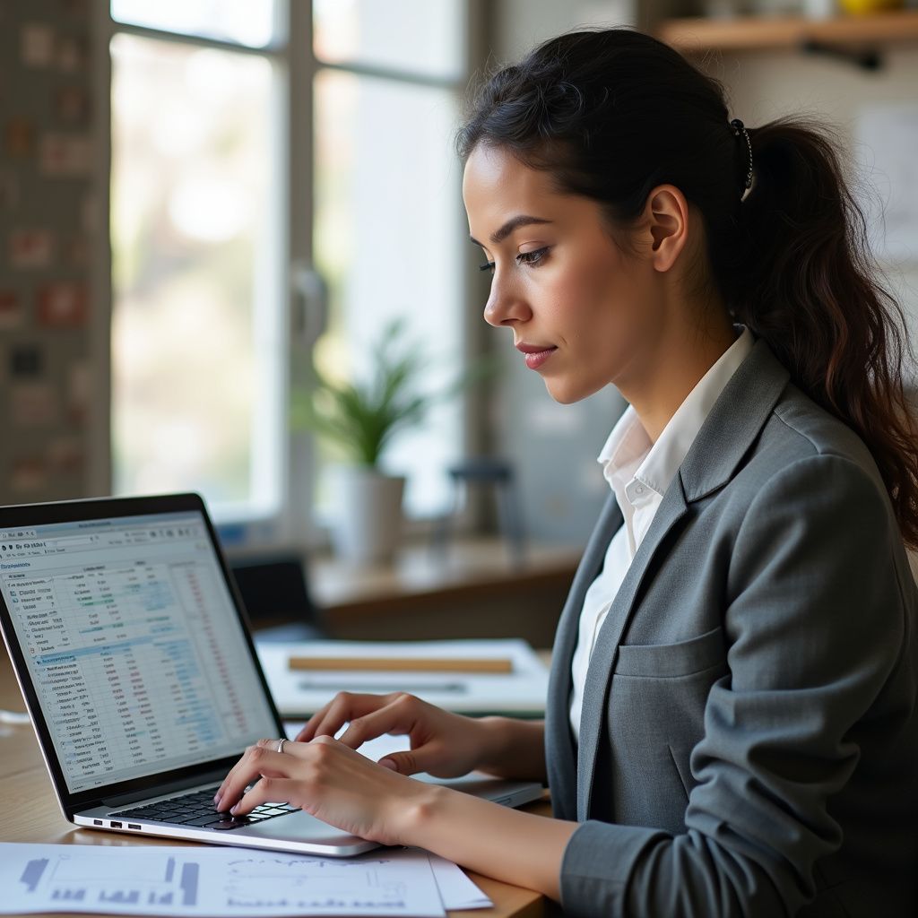 Woman in grey blazer working on a laptop, indoors.