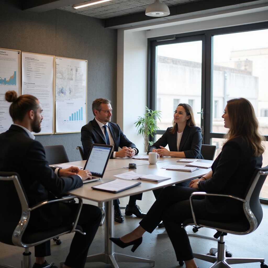 Business meeting: four people in suits around a table, looking at a laptop and documents.