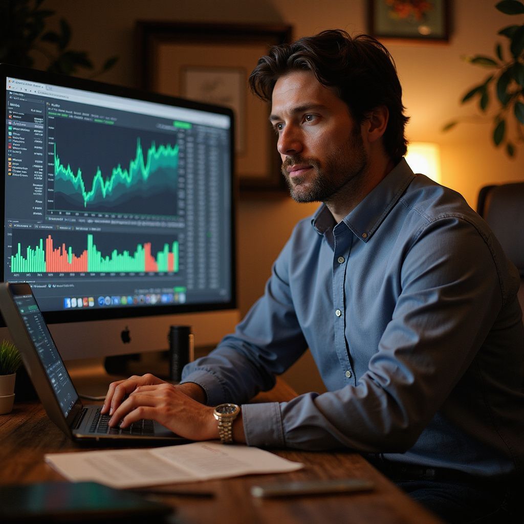 Man analyzes stock charts on laptop and desktop monitors in a home office.