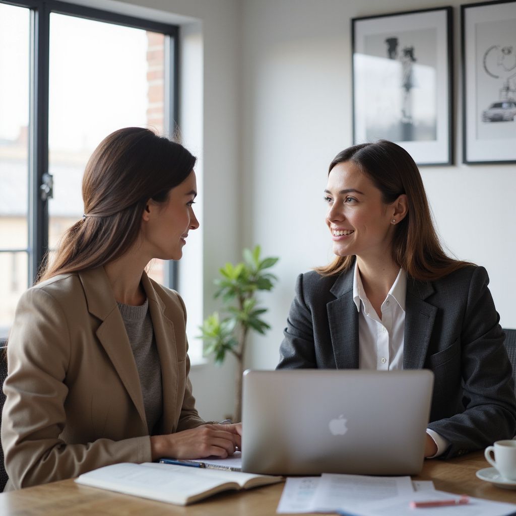 Two women in business attire at a table with laptop, discussing documents, in an office setting.