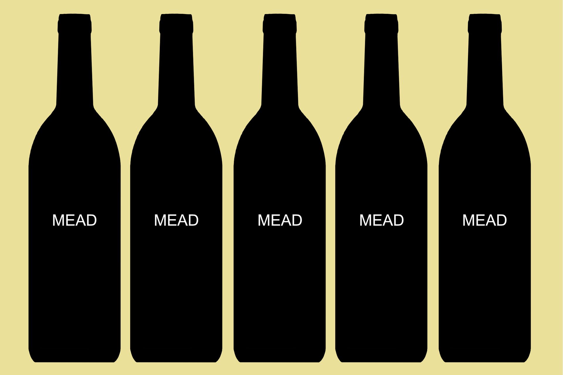5 generic black bottles that all say mead