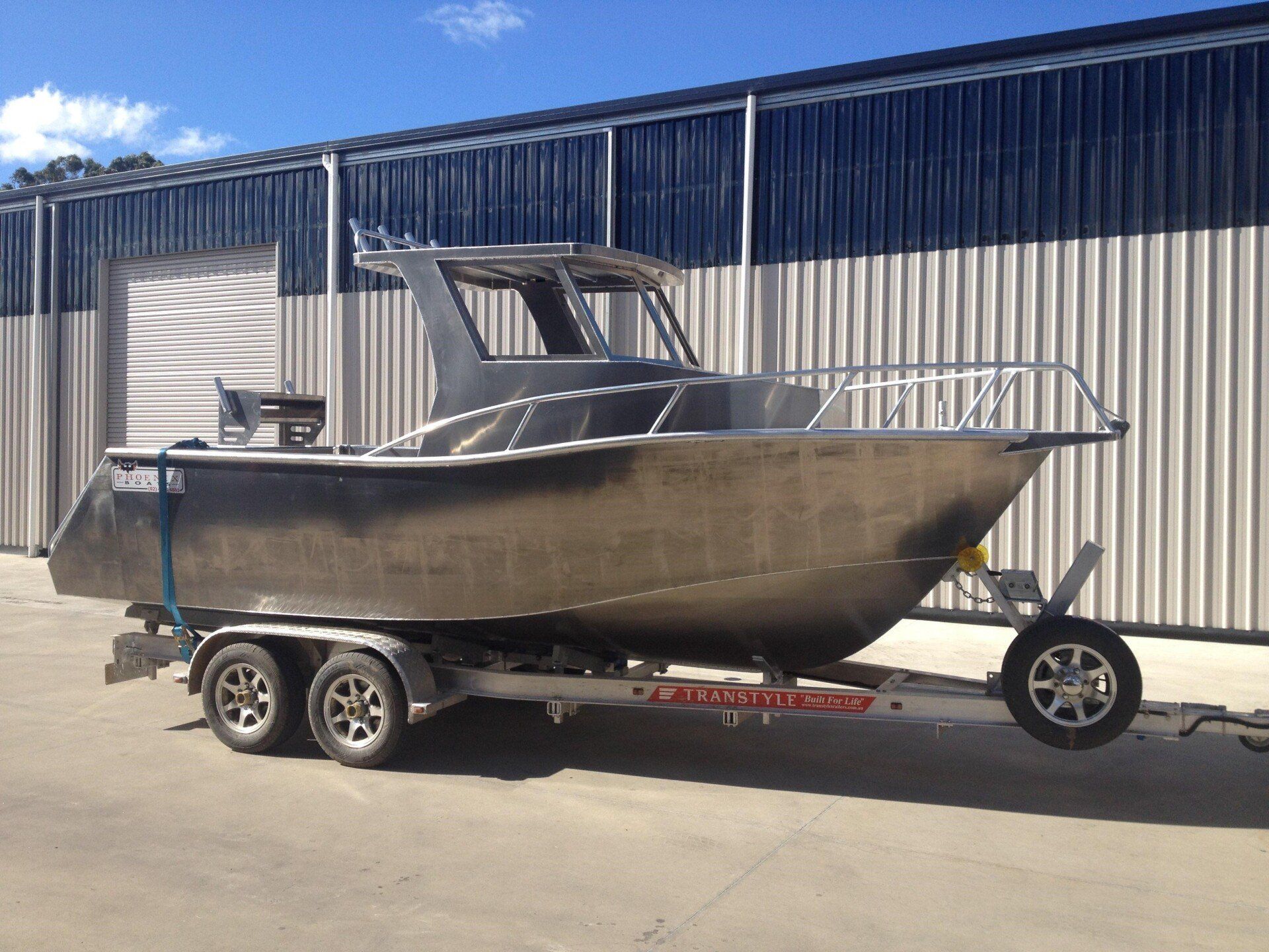 cabin boat sitting on a trailer