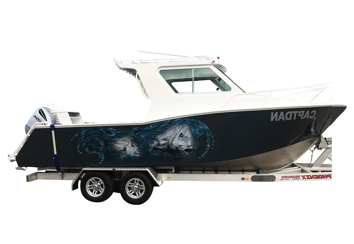 custom cabin boat sitting on a trailer