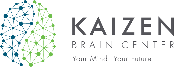 the logo for the kaizen brain center shows a brain made of dots and lines .