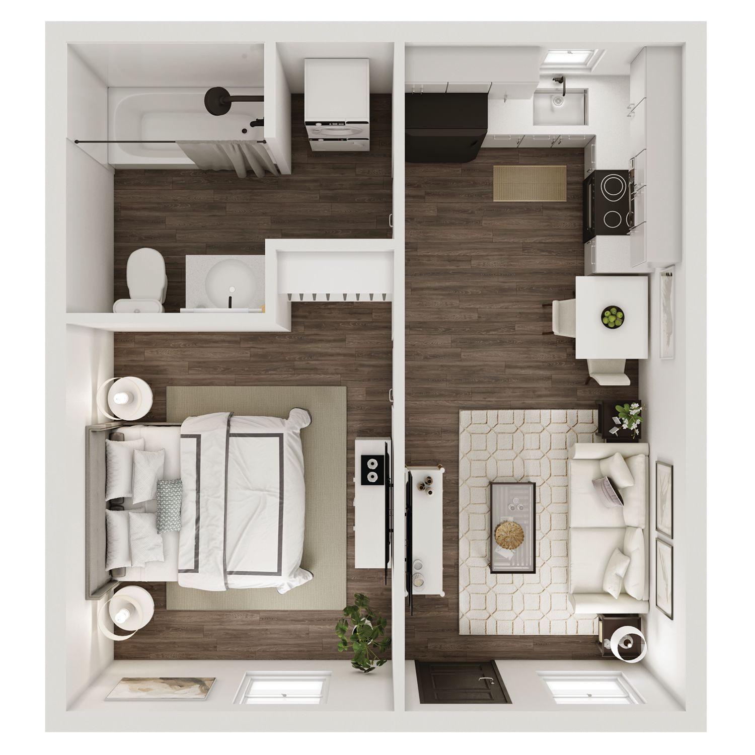 An aerial view of a small apartment with a bedroom , living room , and kitchen.