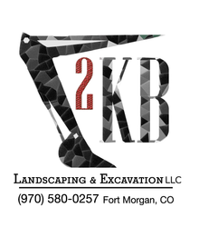 Logo for 2KB Landscaping & Excavation LLC. Shows a mosaic-style excavator over the text "2KB" and company contact info.