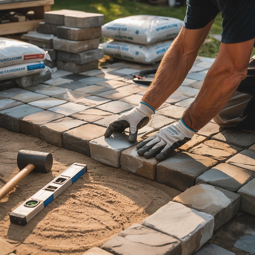 Person laying paving stones outdoors, using gloves and level, on a bed of sand.