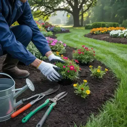Gardener in blue working on a flowerbed, with tools, colorful flowers, and a watering can.