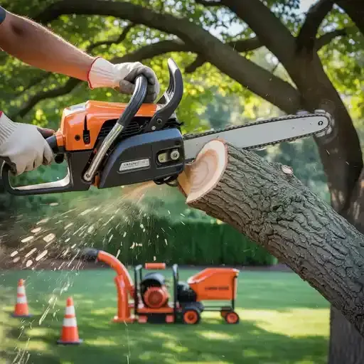 Person using orange chainsaw to cut a tree limb, with a wood chipper in the background.