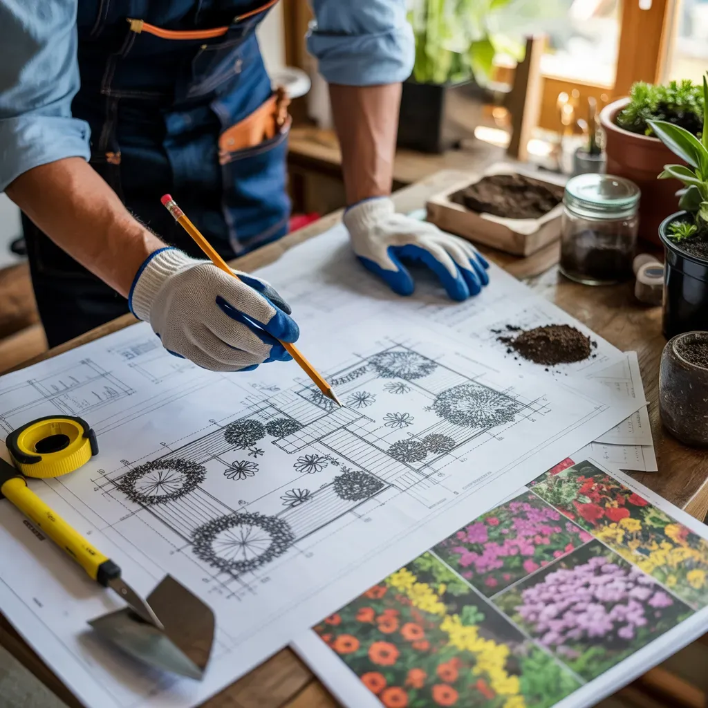 Gardener pointing at a landscape plan, with tools, soil, and flowers on a table.