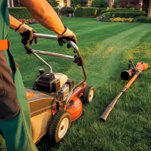 A man is mowing a lush green lawn with a lawn mower.