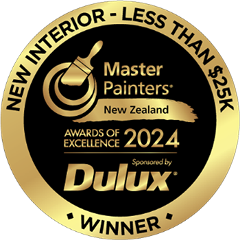 Award seal for Master Painters New Zealand, 2024. Winner for New Interior, less than $25K, sponsored by Dulux.