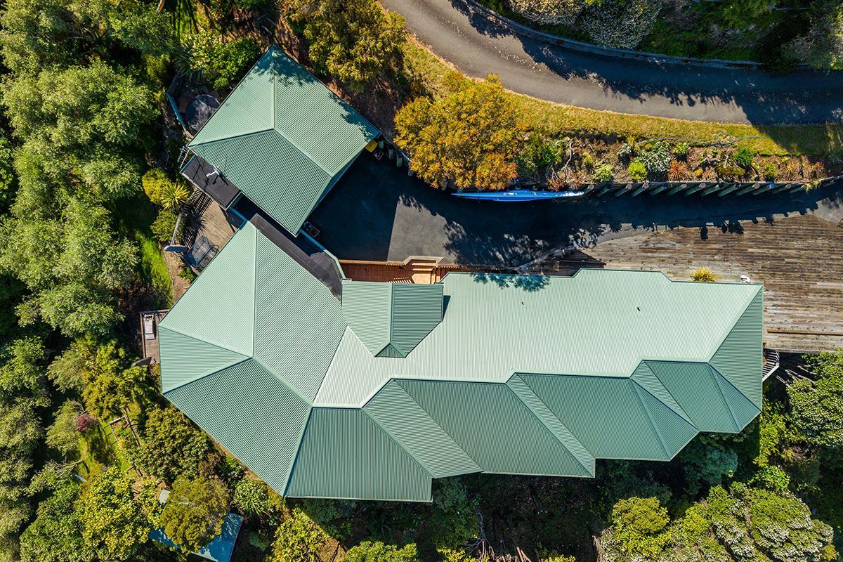 Overhead view of a green-roofed house and detached carport surrounded by trees and a driveway.