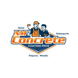 Logo for NM Concrete Coating Pros: two figures with paint rollers, orange and blue text, diamond shape.