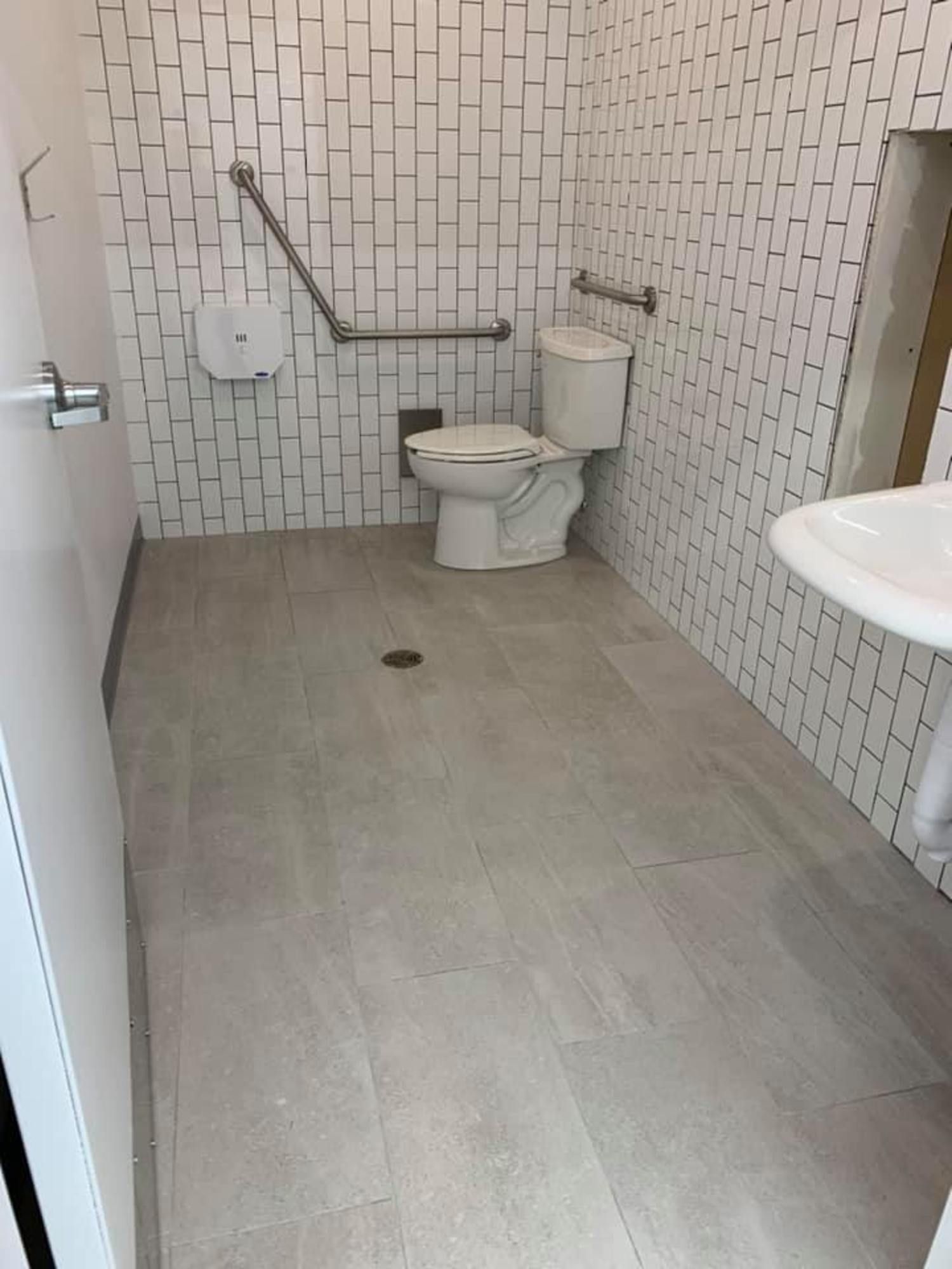 A bathroom with a toilet , sink and handrails.