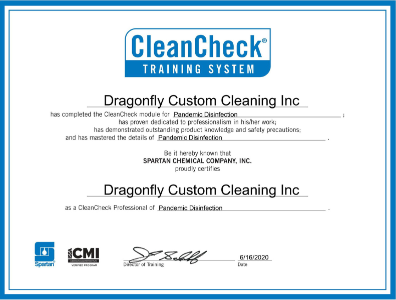 A clean check training system certificate for dragonfly custom cleaning inc