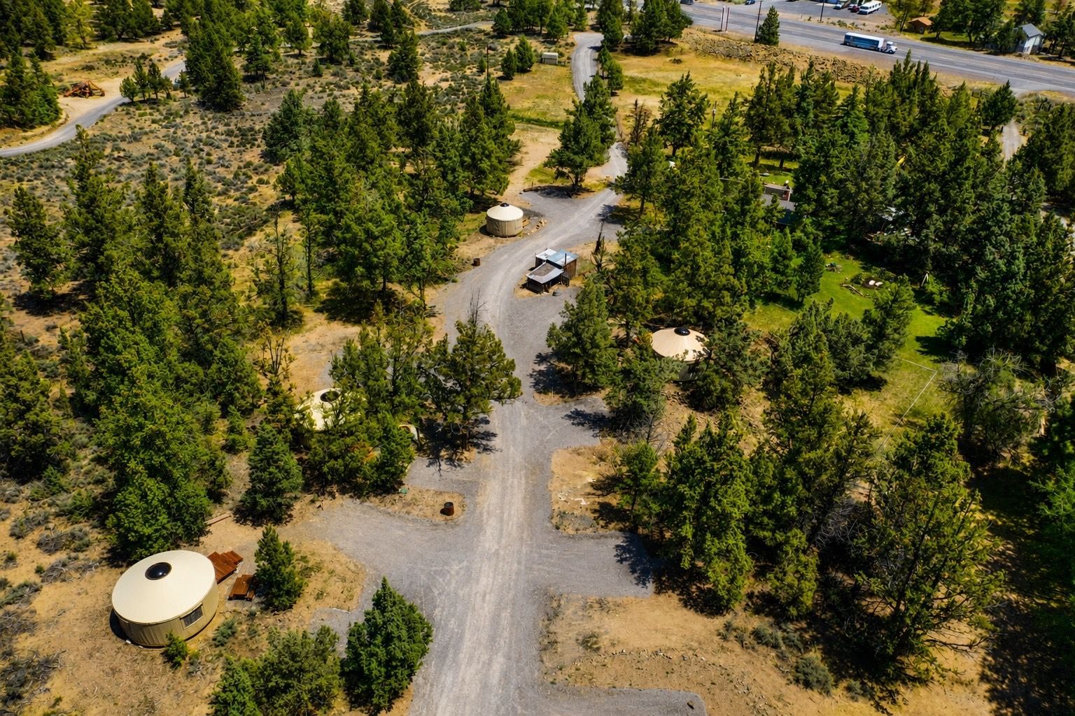 Aerial view of a gravel campground with scattered pine trees and picnic tables in a dry landscape