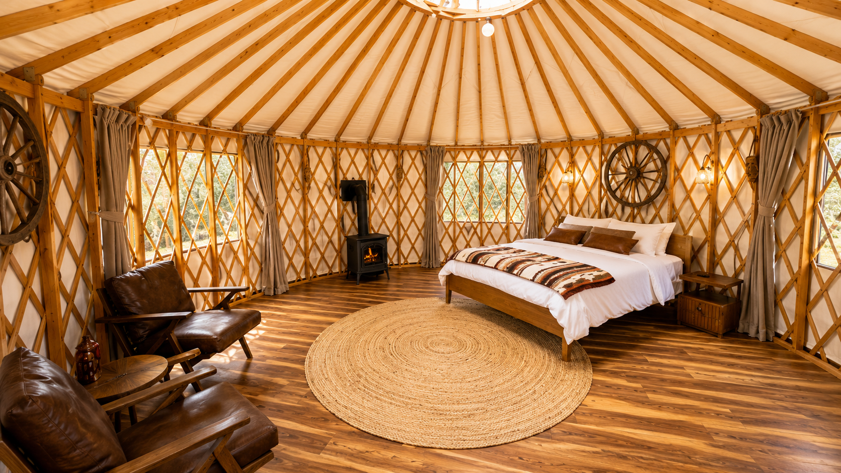 Cozy yurt interior with bed, armchairs, wood stove, and warm patterned walls