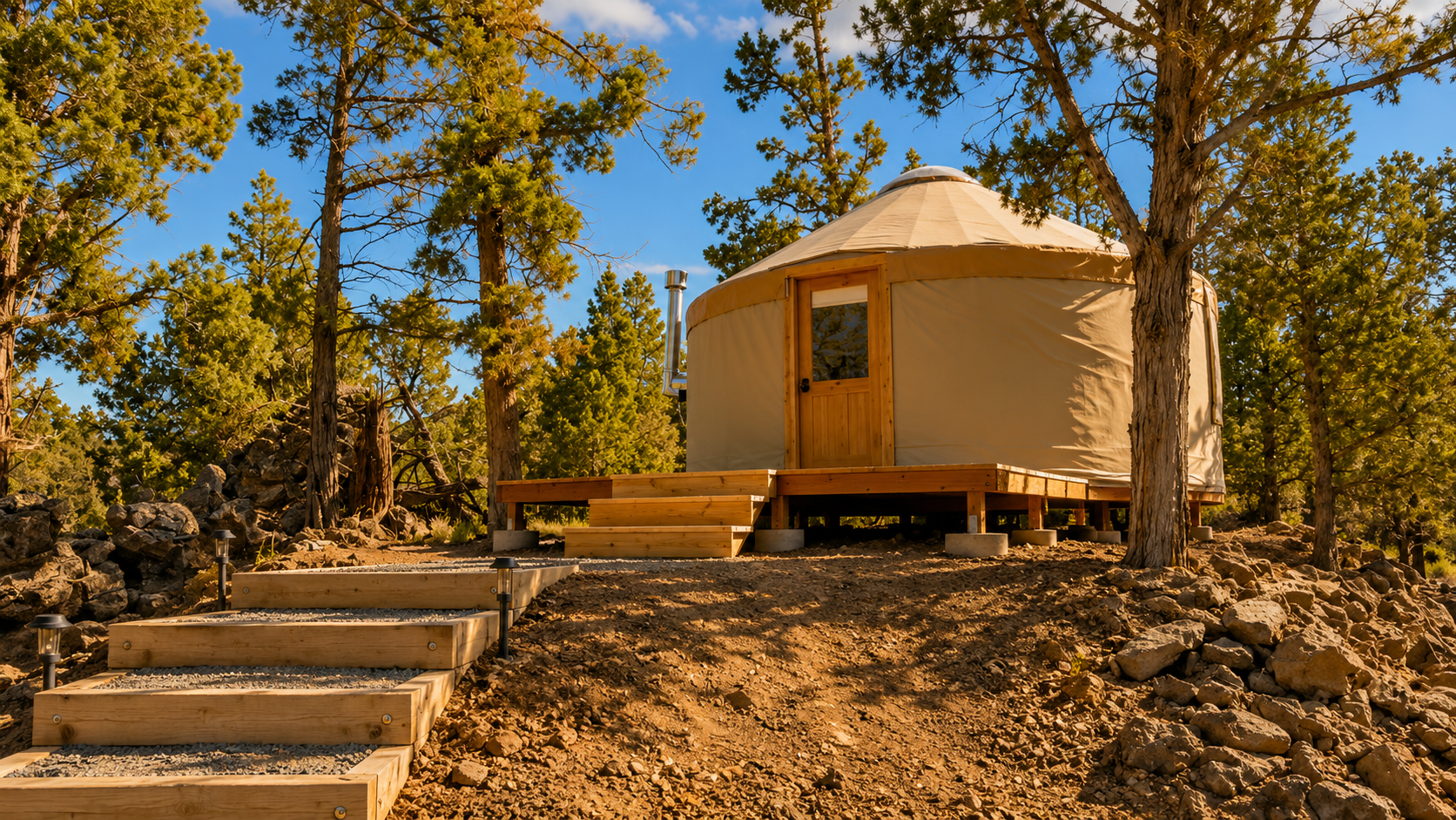 Round tan yurt on a wooded hillside with stone steps and autumn trees.