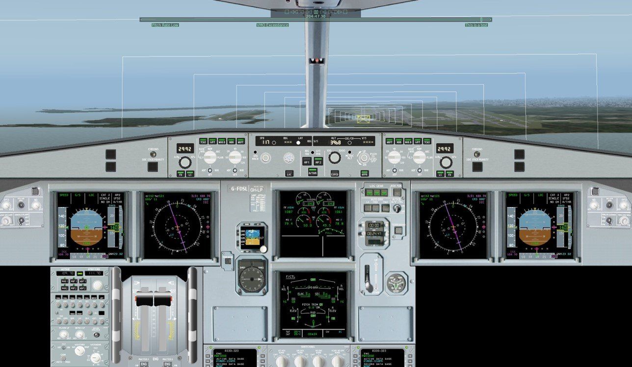 A computer generated image of a cockpit of an airplane