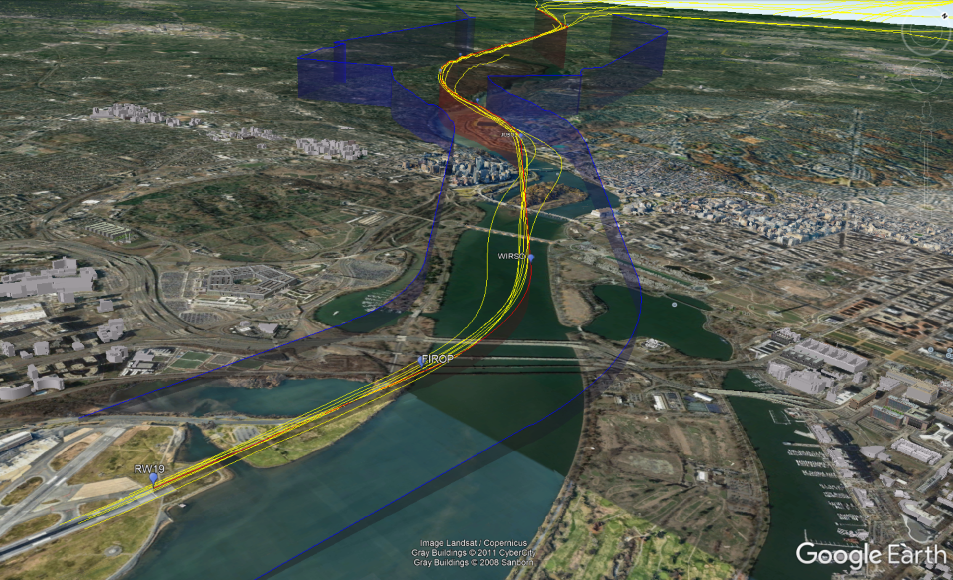 An aerial view of a city and a river taken by google earth