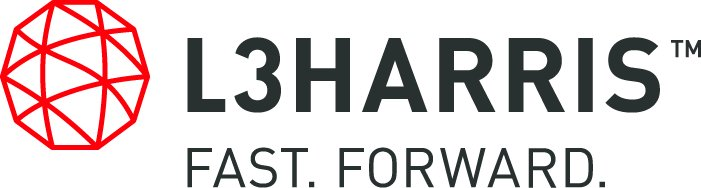 A logo for l3 harris fast forward with a red circle on a white background.