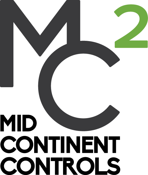 The logo for mid continent controls is black and green.