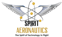 A logo for spirit aeronautics with an atom and wings