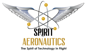 A logo for spirit aeronautics with an atom and wings