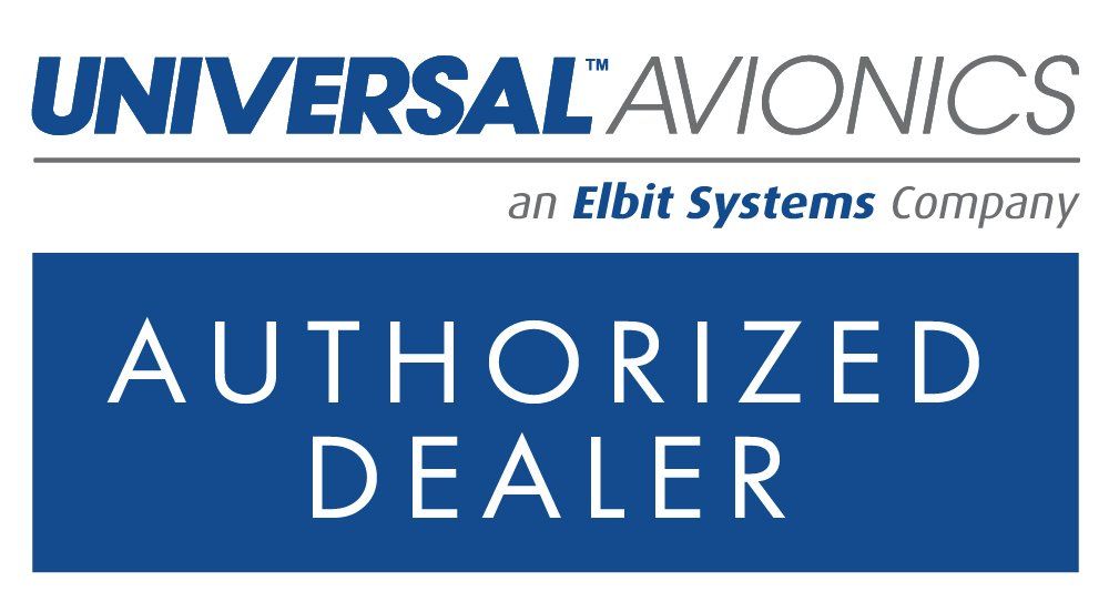 A blue sign that says universal avionics an elbit systems company authorized dealer