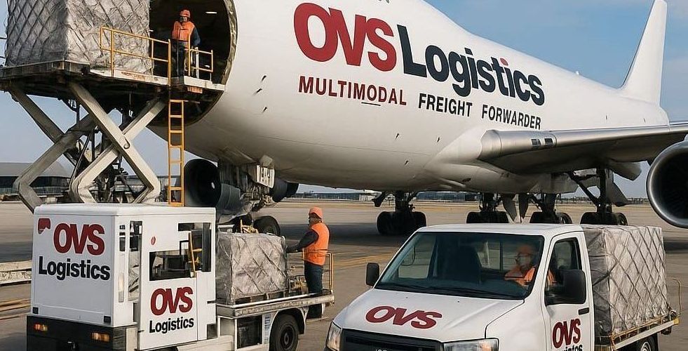 A large cargo plane is being loaded with boxes and a forklift.