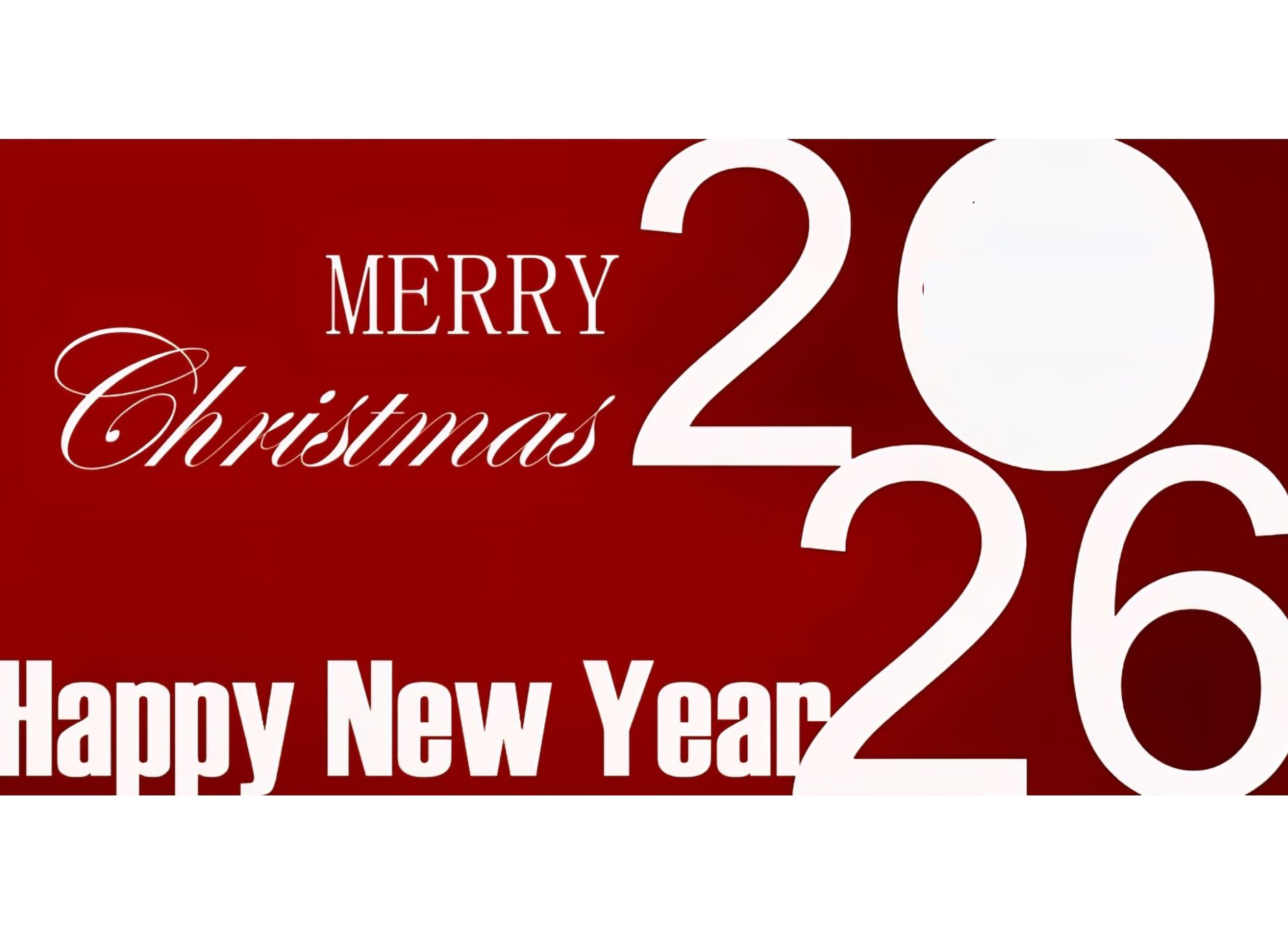 Merry Christmas and Happy New Year 2026 greeting card with red background and white text.