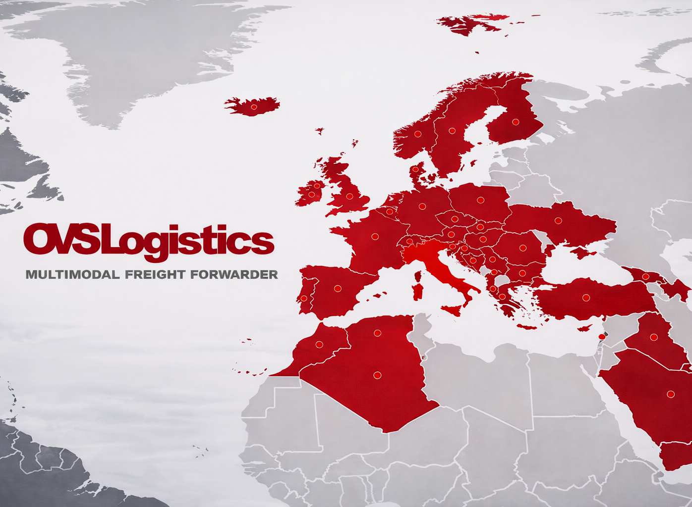 Map of Europe and surrounding areas with red dots, AS Logistics logo, Italy highlighted.