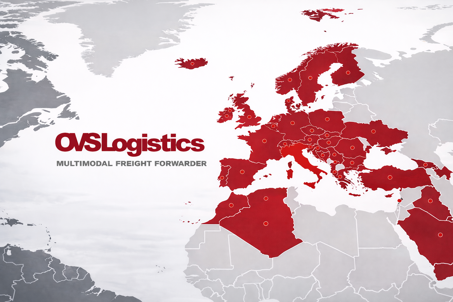 Map of Europe and surrounding areas, highlighting Italy in red, with red dots marking locations, likely for a logistics company.