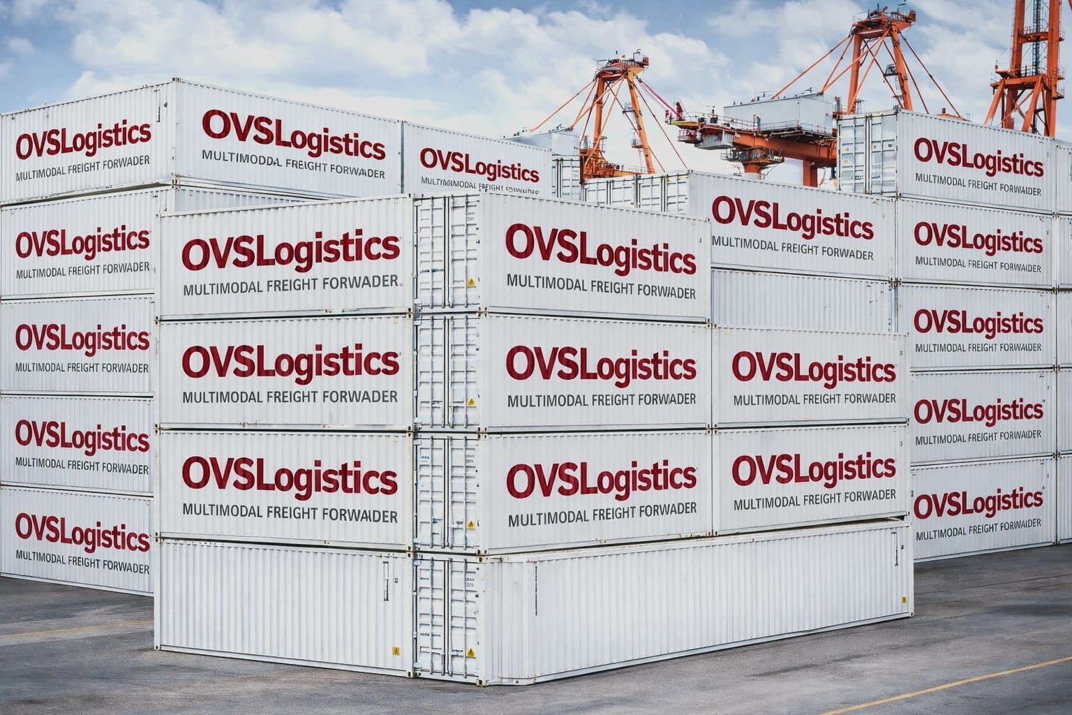 Cargo ship docked at a port with cranes, containers, and buildings under an overcast sky.
