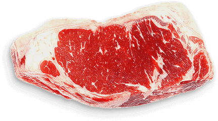 Filete de costilla crudo, rojo con vetas blancas, sobre una superficie blanca.